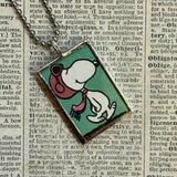 Snoopy, comic strip illustrations from vintage Peanuts book, up-cycled to hand-soldered glass pendant