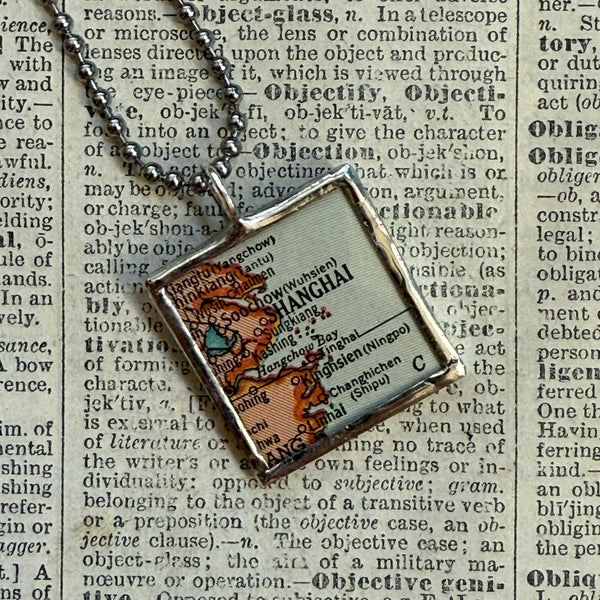 Shanghai, vintage map, hand-soldered glass pendant