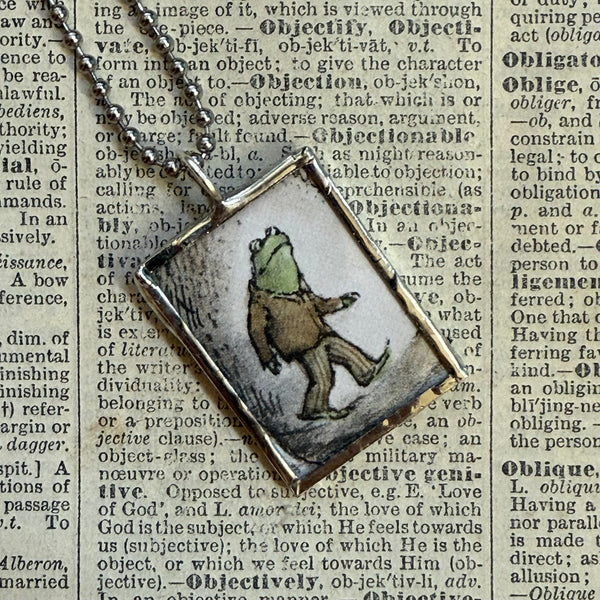 Frog and Toad, vintage children's book illustrations, up-cycled to soldered glass pendant