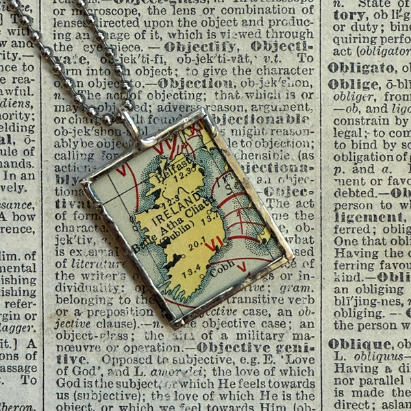 Ireland vintage map, hand-soldered glass pendant