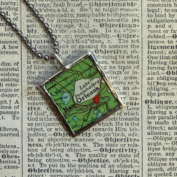 New Orleans, vintage map, hand-soldered glass pendant