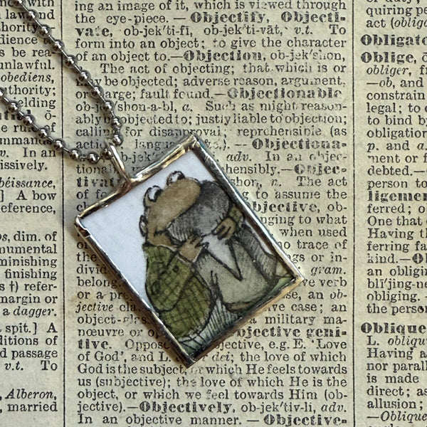Frog and Toad, vintage children's book illustrations, up-cycled to soldered glass pendant