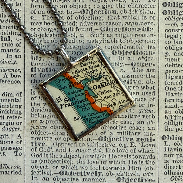 San Francisco Oakland, vintage map, hand-soldered glass pendant