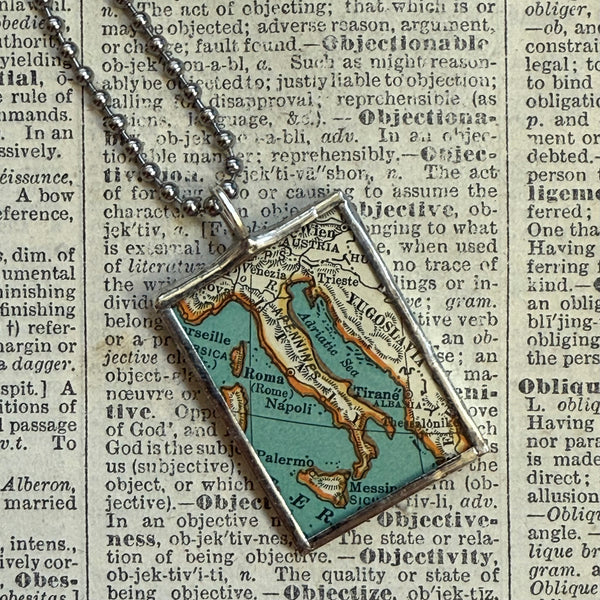 Italy vintage map, hand-soldered glass pendant