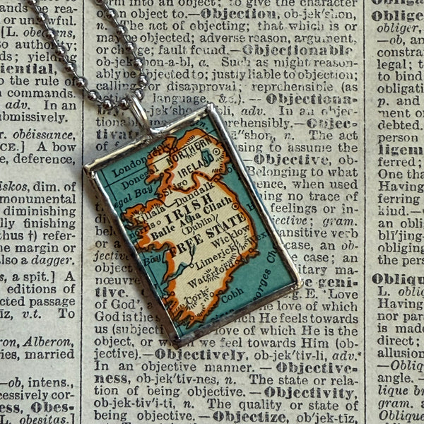 Ireland vintage map, hand-soldered glass pendant