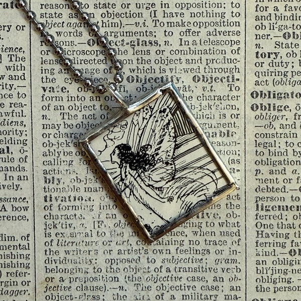 Fairies, vintage children's book illustration up-cycled to soldered glass pendant