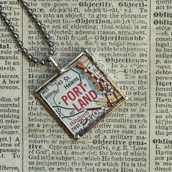 Portland, vintage map, hand-soldered glass pendant