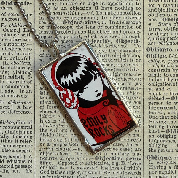 Emily the Strange, vintage illustrations up-cycled to soldered glass pendant