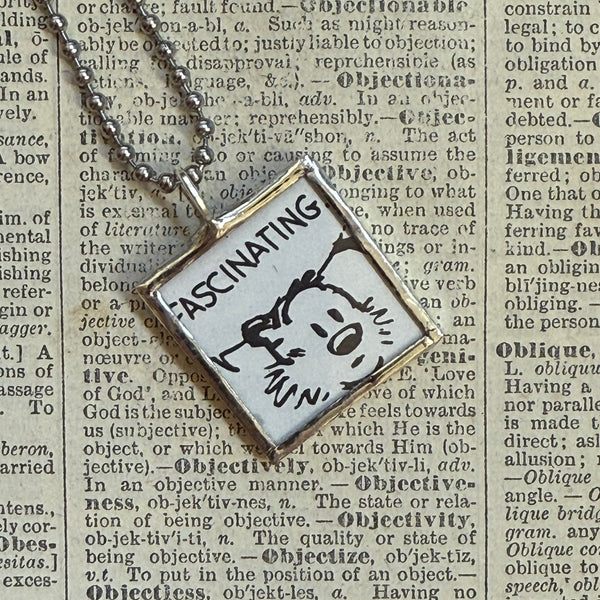 Calvin & Hobbes, original vintage comic book illustrations, upcycled to soldered glass pendant