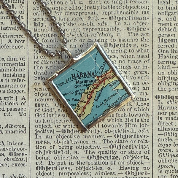 Havana Cuba, vintage map, hand-soldered glass pendant