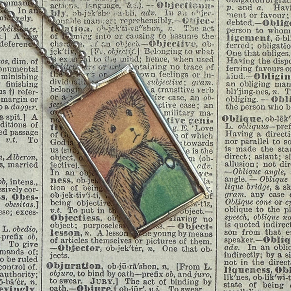 Corduroy, vintage children's book illustrations, up-cycled to soldered glass pendant