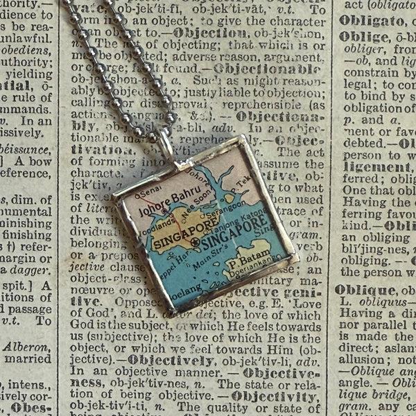 Singapore vintage map, hand-soldered glass pendant