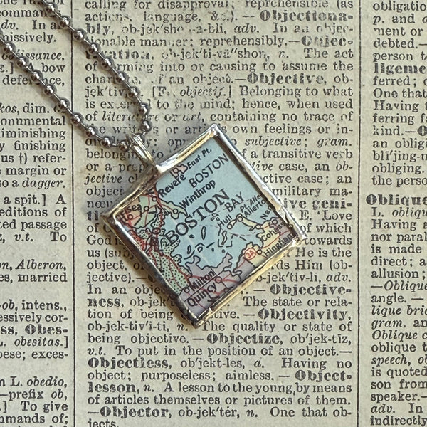 Boston vintage map, hand-soldered glass pendant