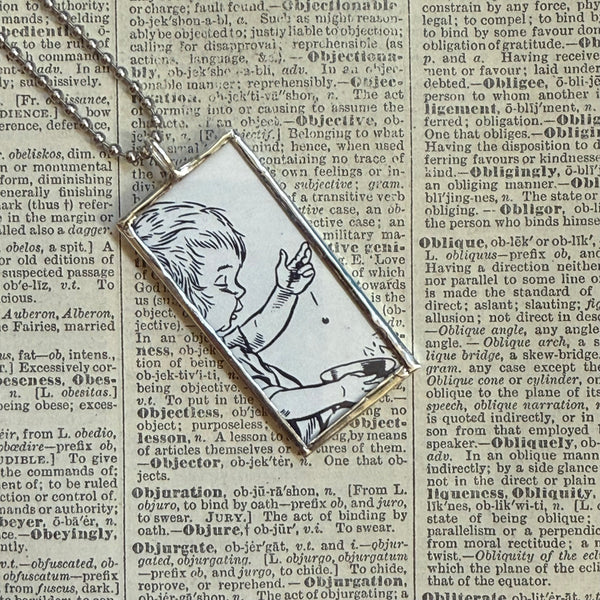 Blueberries for Sal, vintage illustrations, up-cycled to soldered glass pendant