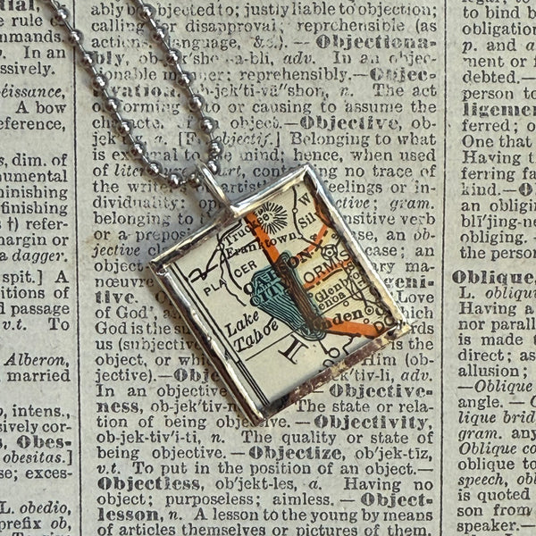 Lake Tahoe, Virginia City, vintage map, hand-soldered glass pendant