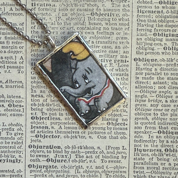 Dumbo, original illustrations from vintage book, up-cycled to soldered glass pendant