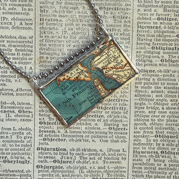 San Francisco, Oakland, Napa, Sonoma, vintage map, hand-soldered glass pendant