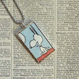 Snoopy, comic strip illustrations from vintage Peanuts book, up-cycled to hand-soldered glass pendant