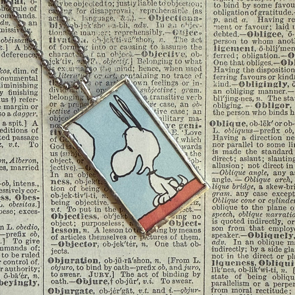 Snoopy, comic strip illustrations from vintage Peanuts book, up-cycled to hand-soldered glass pendant