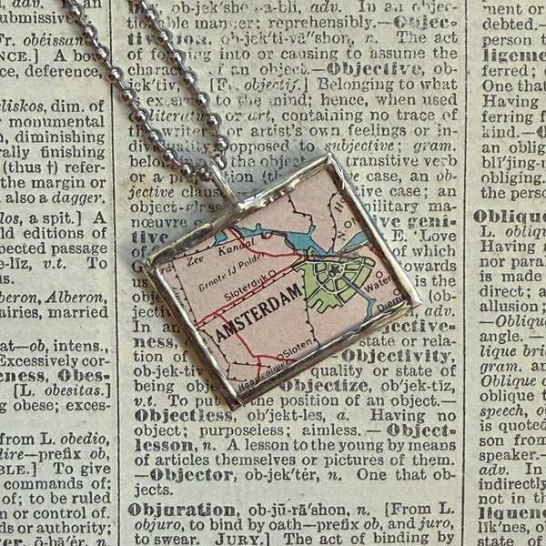 Amsterdam vintage map, hand-soldered glass pendant