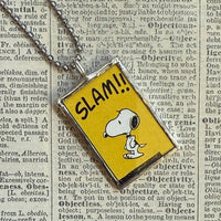 Snoopy, comic strip illustrations from vintage Peanuts book, up-cycled to hand-soldered glass pendant