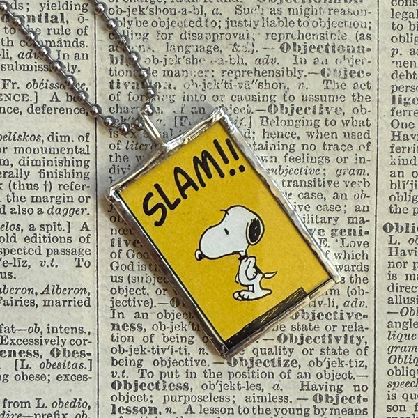 Snoopy, comic strip illustrations from vintage Peanuts book, up-cycled to hand-soldered glass pendant