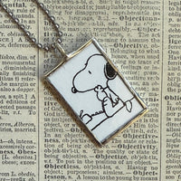 Snoopy, comic strip illustrations from vintage Peanuts book, up-cycled to hand-soldered glass pendant