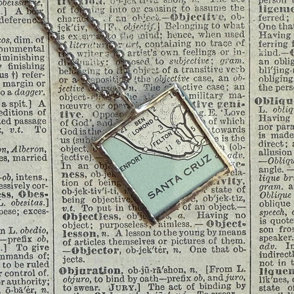 Santa Cruz, Monterey Bay, vintage map, hand-soldered glass pendant