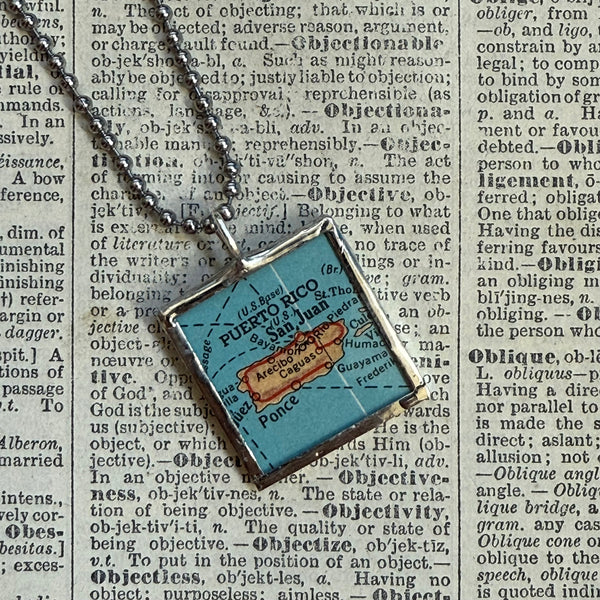 Puerto Rico vintage map, hand-soldered glass pendant