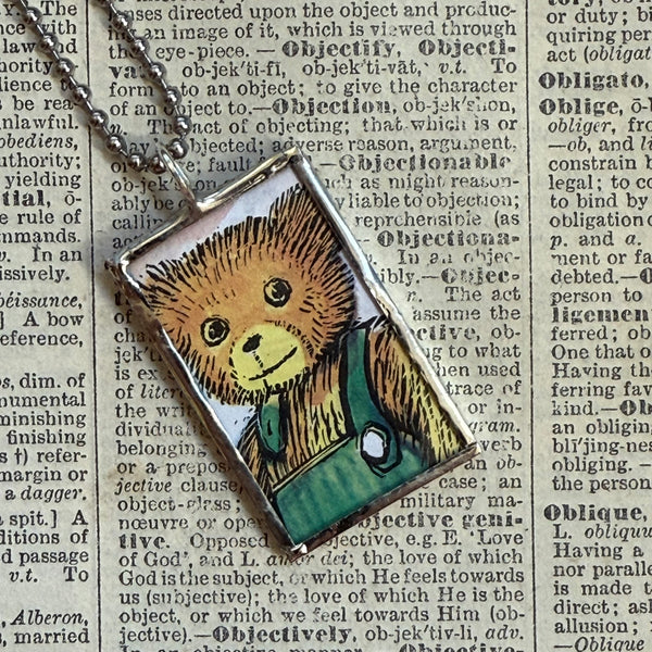 Corduroy, vintage children's book illustrations, up-cycled to soldered glass pendant