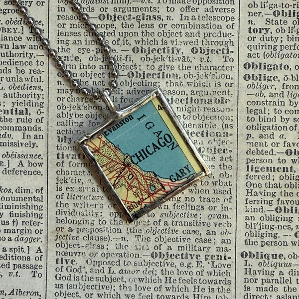 Chicago vintage map, hand-soldered glass pendant