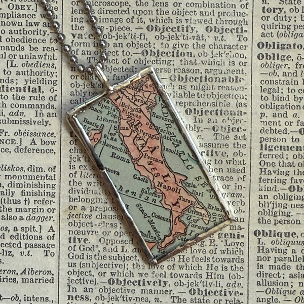 Italy vintage map, hand-soldered glass pendant