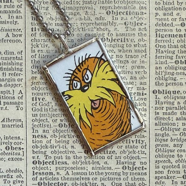 The Lorax, original illustrations from vintage book, up-cycled to soldered glass pendant