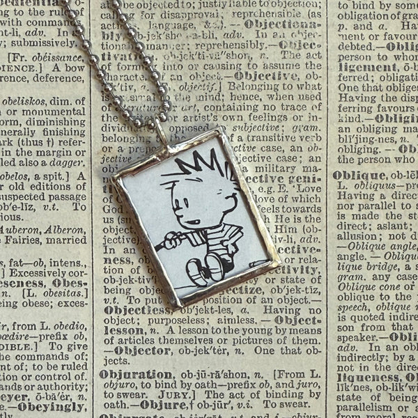 Calvin & Hobbes, original vintage comic book illustrations, upcycled to soldered glass pendant