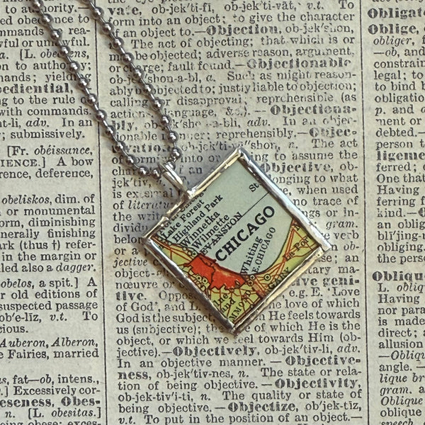 Chicago, vintage map, hand-soldered glass pendant