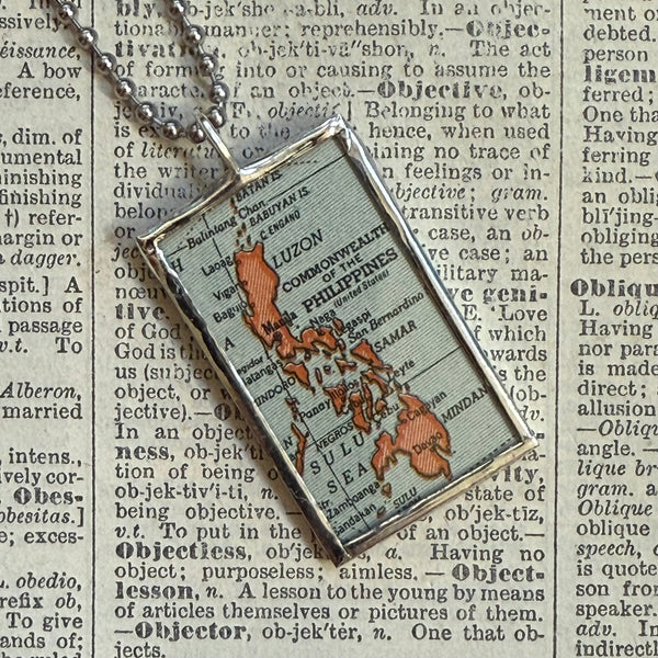 Philippines, vintage map, hand-soldered glass pendant