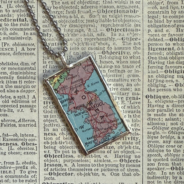 Korea vintage map, hand-soldered glass pendant