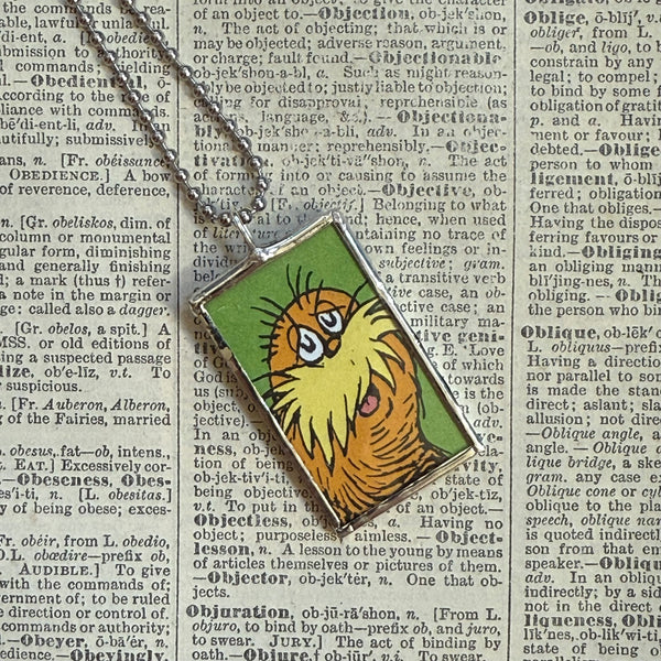 The Lorax, original illustrations from vintage book, up-cycled to soldered glass pendant