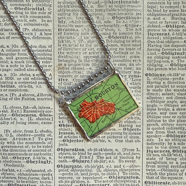 Houston, vintage map, hand-soldered glass pendant