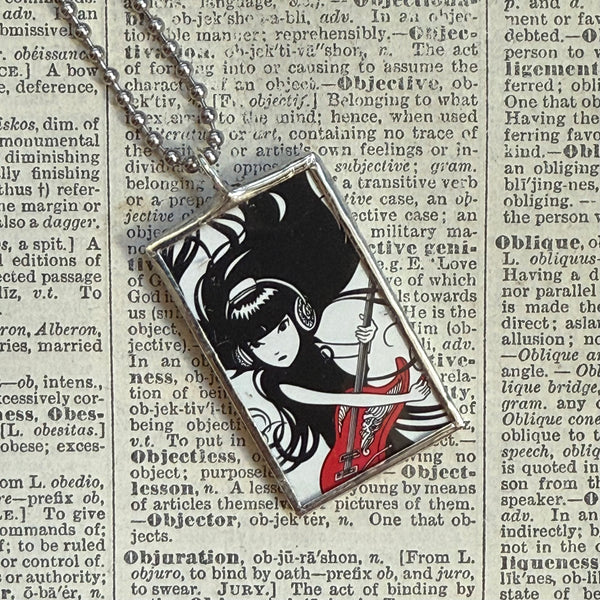 Emily the Strange, vintage illustrations up-cycled to soldered glass pendant