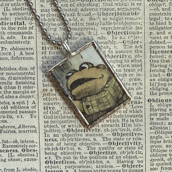Frog and Toad, vintage children's book illustrations, up-cycled to soldered glass pendant