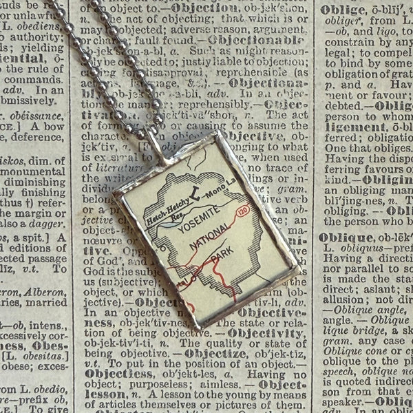 Yosemite National Park, vintage map, hand-soldered glass pendant