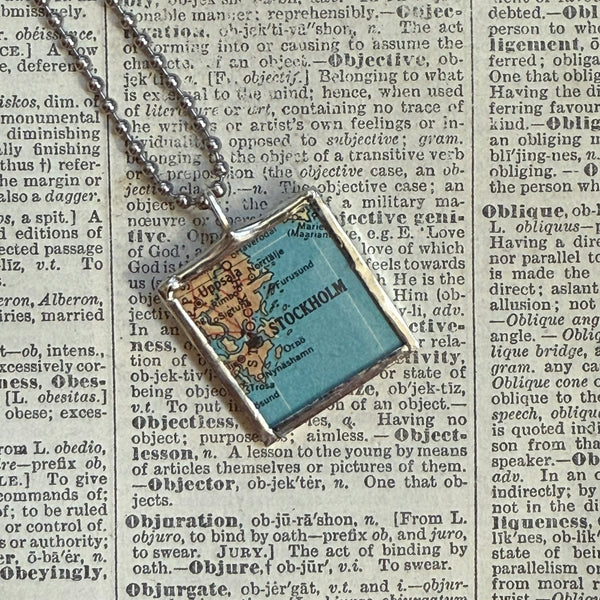 Stockholm Sweden vintage map, hand-soldered glass pendant