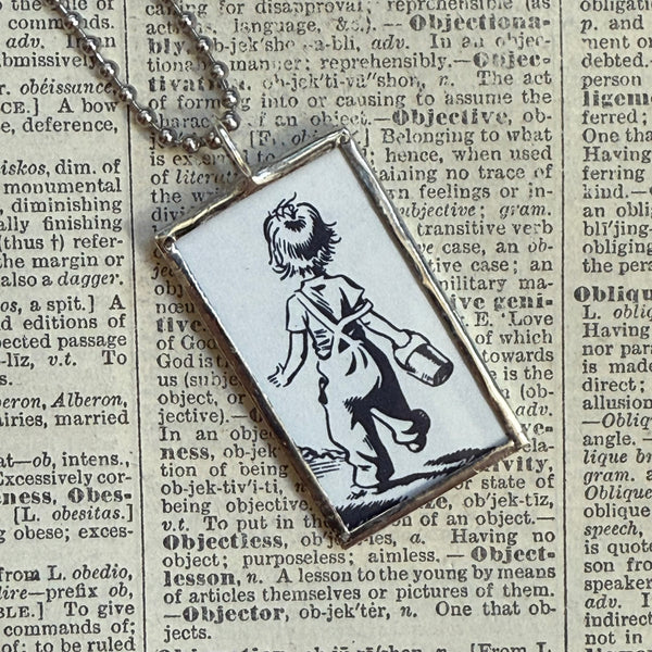 Blueberries for Sal, vintage illustrations, up-cycled to soldered glass pendant