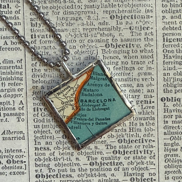 Barcelona, vintage map, hand-soldered glass pendant