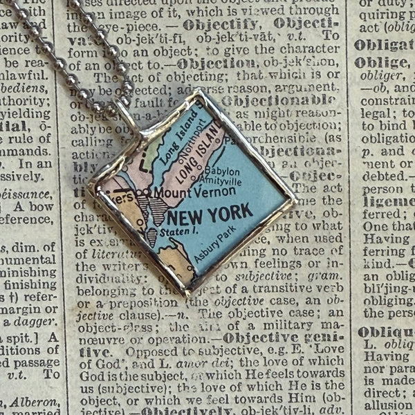 New York City, vintage map, hand-soldered glass pendant