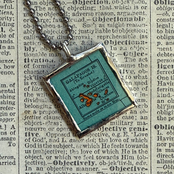 Galapagos Islands vintage map, hand-soldered glass pendant