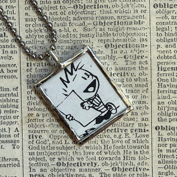 Calvin & Hobbes, original vintage comic book illustrations, upcycled to soldered glass pendant
