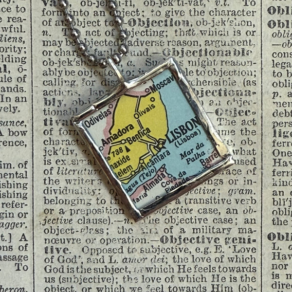 Lisbon, Madeira, Portugal vintage map, hand-soldered glass pendant