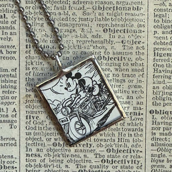 Mickey Mouse, vintage illustrations, up-cycled to soldered glass pendant